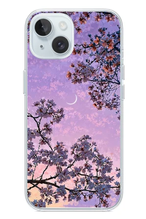 İphone 15 Uyumlu Mor Gökyüzülü Ağaç Baskılı Silikon Kılıf