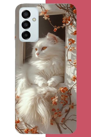Samsung Galaxy M14 Uyumlu penceredeki beyaz kedi Baskılı Silikon Kılıf