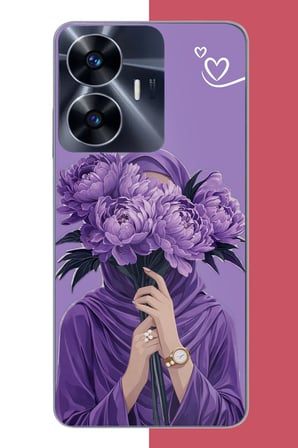 Realme C55 Uyumlu Mor Çiçeklerin Ardında Baskılı Silikon Kılıf