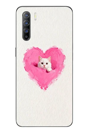 Oppo Reno 3 Uyumlu Pembe Kalpli Kedi Baskılı Silikon Kılıf