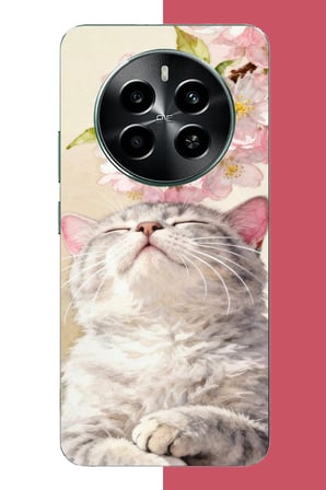 Realme 12 PRO-PRO PLUS Uyumlu pembe yapraklı kedi Baskılı Silikon Kılıf