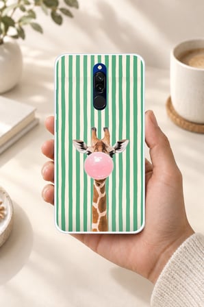 Redmi 8 Uyumlu Yeşil Çizgili Sakız Şişiren Zürafa Baskılı Silikon Kılıf