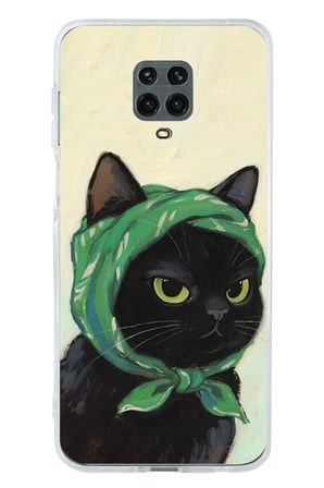 Redmi Note 9 PRO-9S Uyumlu Babushka Yeşil Başörtülü Siyah Kedi Baskılı Silikon Kılıf