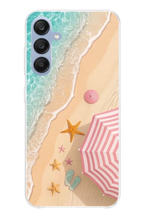 Samsung Galaxy A25 Uyumlu Pembe Şemsiyeli Sahil Baskılı Silikon Kılıf