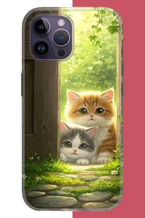 iPhone 14 PRO Uyumlu kapıdaki kediler Baskılı Silikon Kılıf