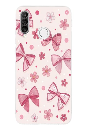 Huawei P30 Lite Uyumlu Pembe Fiyonk, Çiçek ve Puantiye Baskılı Silikon Kılıf