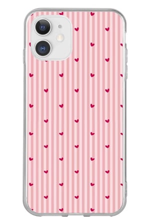 iPhone 11 Uyumlu Pembe Çizgili ve Mini Kalp Baskılı Silikon Kılıf