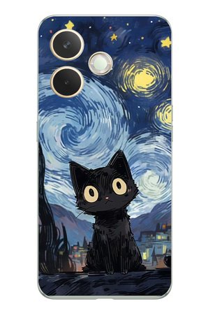 Oppo A5 Pro Uyumlu Gece Yarısı Kedi Tasarımlı Baskılı Silikon Kılıf