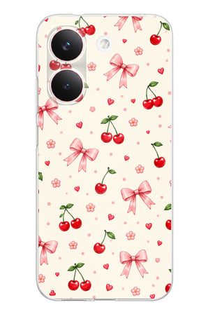 POCO X8 PRO Uyumlu Pembe Fiyonklu Ve Kiraz Desenli Krem Baskılı Silikon Kılıf