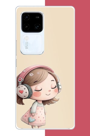 Vivo V30 Uyumlu pembe kulaklıklı kız.jpeg Baskılı Silikon Kılıf
