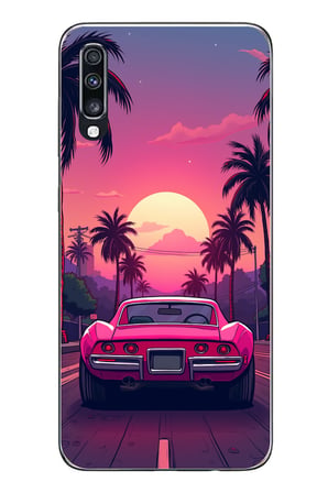 Samsung Galaxy A70 Uyumlu Palmiye Neon Pembe Araba Baskılı Silikon Kılıf