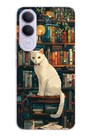 Vivo V70 FE Uyumlu Kitaplık Beyaz Kedi Tasarımlı Baskılı Silikon Kılıf