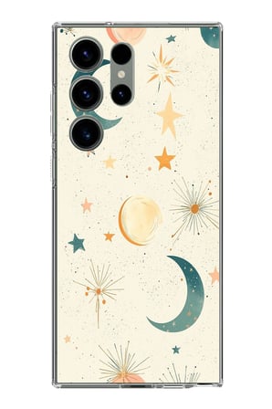 Samsung Galaxy S23 ULTRA Uyumlu Krem Zeminli Ay ve Yıldız Baskılı Silikon Kılıf