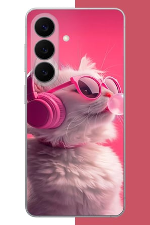 Samsung Galaxy S26 Uyumlu pembe gözlüklü kedi Baskılı Silikon Kılıf