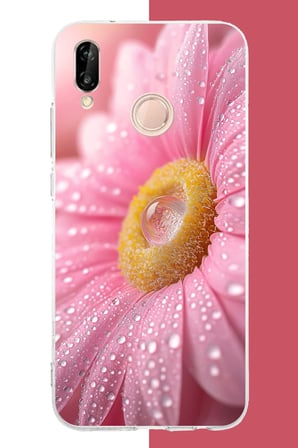 Huawei P20 Lite Uyumlu Pembe Papatyada Çiy Damlası Baskılı Silikon Kılıf