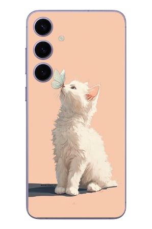 Samsung Galaxy S24 Plus Uyumlu Beyaz Kelebekli Kedi Baskılı Silikon Kılıf