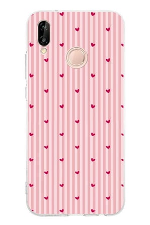 Huawei P20 Lite Uyumlu Pembe Çizgili ve Mini Kalp Baskılı Silikon Kılıf