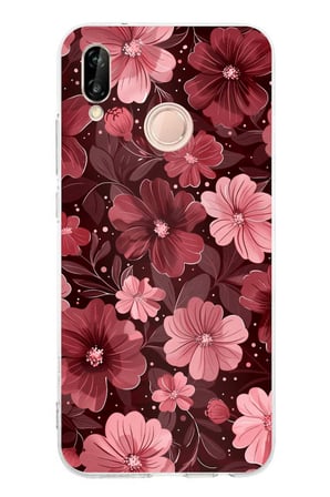 Huawei P20 Lite Uyumlu Pembe ve Bordo Çiçek Desenli Baskılı Silikon Kılıf