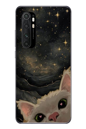Xiaomi Mi 10 Lite Uyumlu Siyah Gökyüzülü Kedi Baskılı Silikon Kılıf