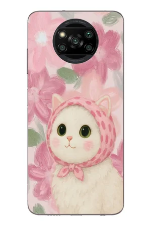 Poco X3 Uyumlu Pembe Örtülü Kedi Baskılı Silikon Kılıf