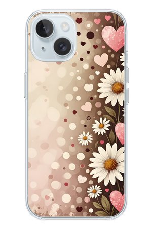 İphone 15 Uyumlu Kalpli Papatya Damlaları Baskılı Silikon Kılıf