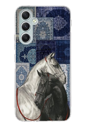 Samsung Galaxy A34 Uyumlu Mavi Kilim Desenli Siyah ve Beyaz At Baskılı Silikon Kılıf