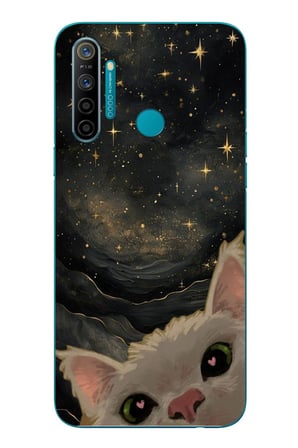 Realme 5i Uyumlu Siyah Gökyüzülü Kedi Baskılı Silikon Kılıf
