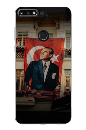 Huawei Y7 2018 - Honor 7C Uyumlu Dev Bayrak Detaylı Atatürk Baskılı Silikon Kılıf