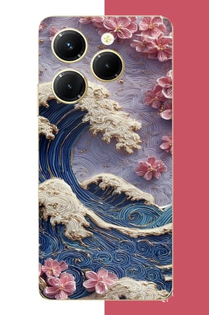 Tecno Spark 20 PRO Uyumlu mavi dalga ve pembe çiçekler Baskılı Silikon Kılıf