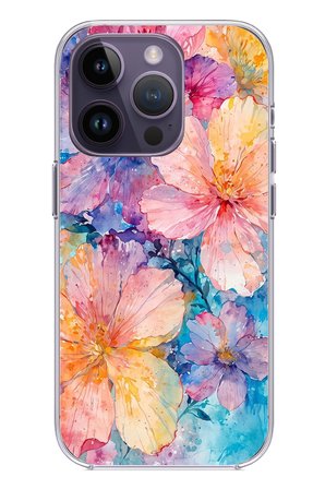 iPhone 14 PRO MAX Uyumlu Renkli Çiçekler Sulu Boya Baskılı Silikon Kılıf