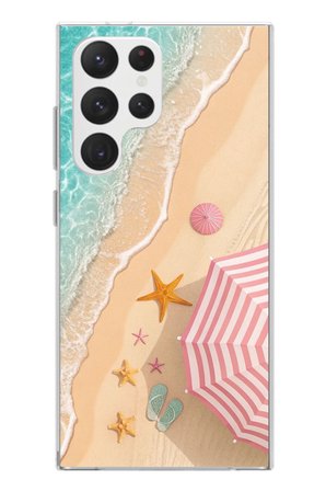 Samsung Galaxy S22 Ultra Uyumlu Pembe Şemsiyeli Sahil Baskılı Silikon Kılıf