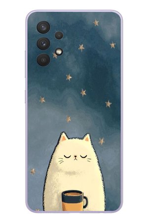 Samsung Galaxy A32 Uyumlu Kahveci Beyaz Kedir Baskılı Silikon Kılıf