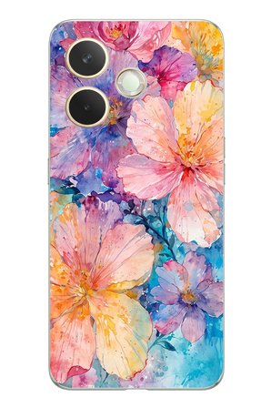 Oppo A5 Pro Uyumlu Renkli Çiçekler Sulu Boya Baskılı Silikon Kılıf