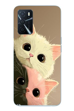 Oppo A16 Uyumlu Pembe Siyah Beyaz Kedi Baskılı Silikon Kılıf