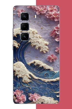 Infinix Hot 50 PRO PLUS+ Uyumlu mavi dalga ve pembe çiçekler Baskılı Silikon Kılıf