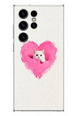 Samsung Galaxy S23 Ultra Uyumlu Pembe Kalpli Kedi Baskılı Silikon Kılıf