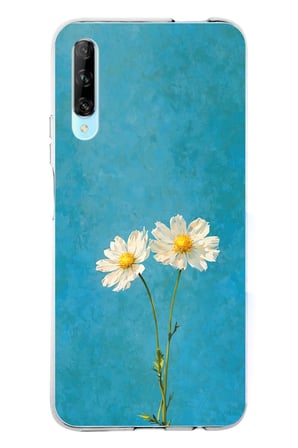 Huawei P Smart PRO Uyumlu İki Beyaz Çiçek Tasarımlı Turkuaz Baskılı Silikon Kılıf