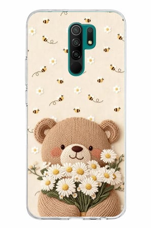 Redmi 9 Uyumlu Arı ve Papatya Sevimli Ayıcık Baskılı Silikon Kılıf