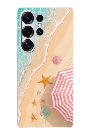Samsung Galaxy S25 ULTRA Uyumlu Pembe Şemsiyeli Sahil Baskılı Silikon Kılıf