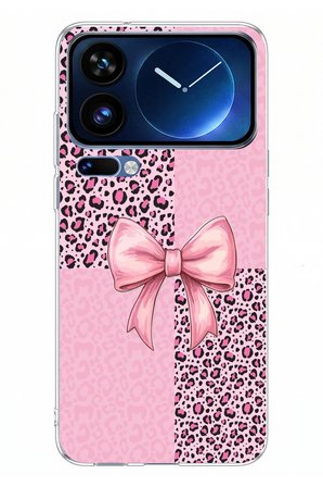 Xiaomi 17 Pro Max Uyumlu Pembe Leopar Desenli ve Kurdele Baskılı Silikon Kılıf