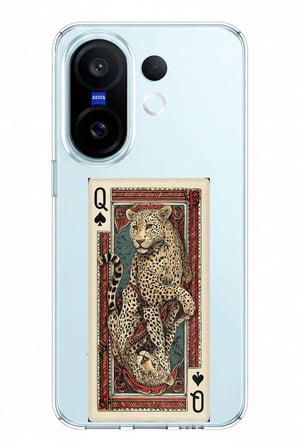 Vivo X200 FE Uyumlu İskambil Kağıdı Tasarımlı Leopar Portre Baskılı Silikon Kılıf