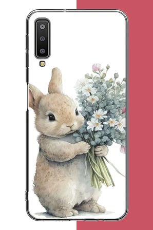 Samsung Galaxy A7 2018 Uyumlu çiçek tutan tavşan.jpeg Baskılı Silikon Kılıf