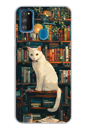 Samsung Galaxy M30S/M21 Uyumlu Kitaplık Beyaz Kedi Tasarımlı Baskılı Silikon Kılıf