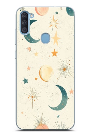 Samsung Galaxy A11-M11 Uyumlu Krem Zeminli Ay ve Yıldız Baskılı Silikon Kılıf