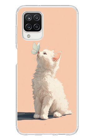 Samsung Galaxy A12 Uyumlu Beyaz Kelebekli Kedi Baskılı Silikon Kılıf