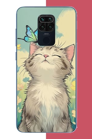 Redmi Note 9 Uyumlu Kelebekli Kedi Baskılı Silikon Kılıf