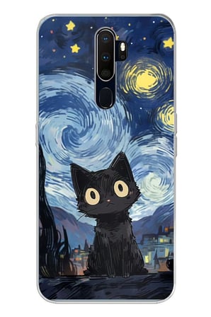 Oppo A5/A9 2020  Uyumlu Gece Yarısı Kedi Tasarımlı Baskılı Silikon Kılıf