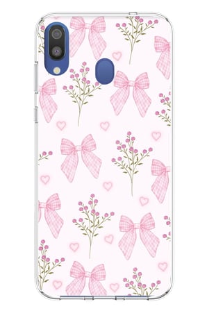 Samsung Galaxy M20 Uyumlu Pembe Çiçek ve Fiyonklar Baskılı Silikon Kılıf