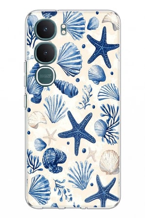 Vivo Y31 5G Uyumlu Mavi Deniz Kabuğu ve Yıldız Desenli Baskılı Silikon Kılıf