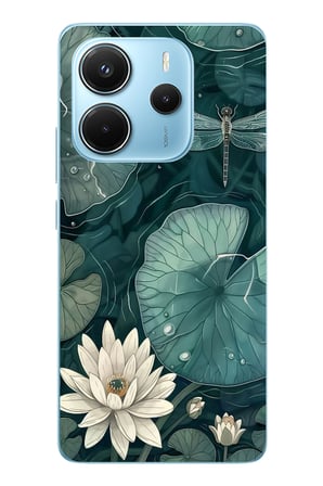Redmi Note 14 4G Uyumlu Yeşil Yapraklı Nilüfer ve Yusufçuk Baskılı Silikon Kılıf